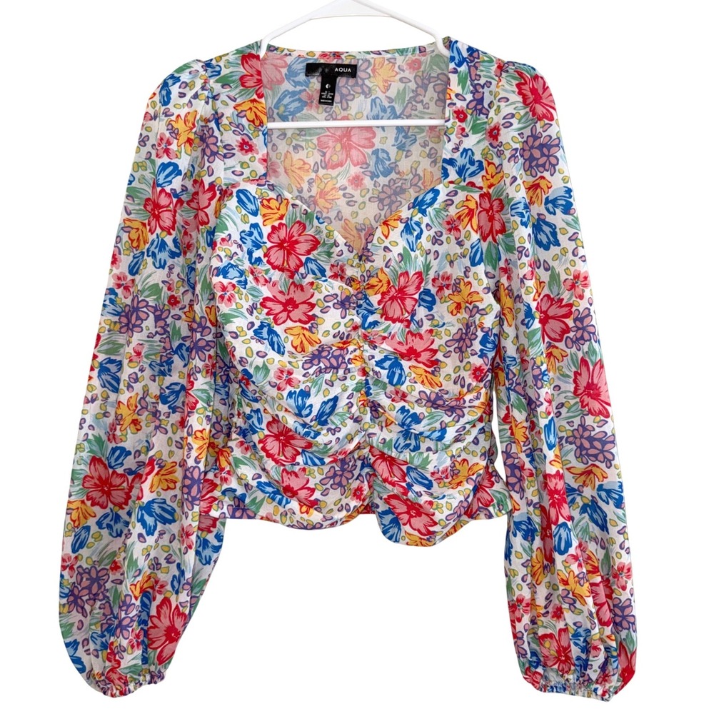 Aqua Floral Ruched Bust Long Sleeve Blouse Size Small